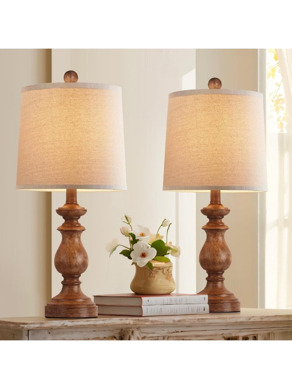 Rustic Farmhouse Table Lamp Set of 2, Vintage 22" Bedside Desk Lamps with Linen